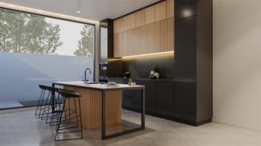 Animasyon ahşap mutfak ve yemek masası. 3B illüstrasyon oluşturma