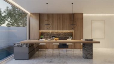 Animasyon ahşap mutfak ve yemek masası. 3B illüstrasyon oluşturma