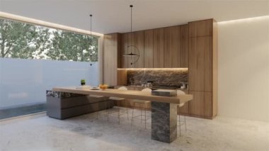 Animasyon ahşap mutfak ve yemek masası. 3B illüstrasyon oluşturma