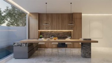 Animasyon ahşap mutfak ve yemek masası. 3B illüstrasyon oluşturma