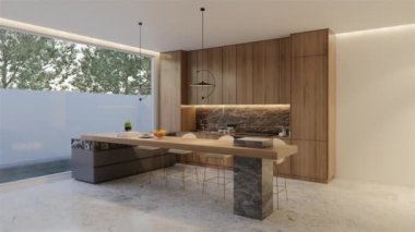 Animasyon ahşap mutfak ve yemek masası. 3B illüstrasyon oluşturma