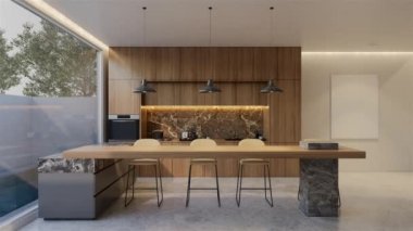 Animasyon ahşap mutfak ve yemek masası. 3B illüstrasyon oluşturma