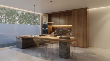 Animasyon ahşap mutfak ve yemek masası. 3B illüstrasyon oluşturma