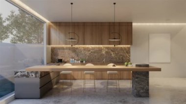 Animasyon ahşap mutfak ve yemek masası. 3B illüstrasyon oluşturma