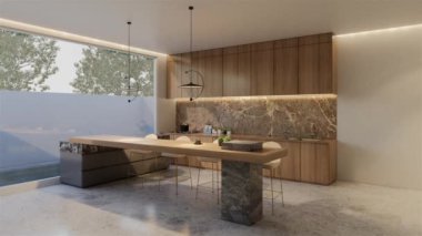 Animasyon ahşap mutfak ve yemek masası. 3B illüstrasyon oluşturma