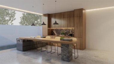 Animasyon ahşap mutfak ve yemek masası. 3B illüstrasyon oluşturma