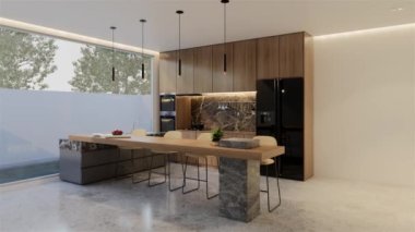 Animasyon ahşap mutfak ve yemek masası. 3B illüstrasyon oluşturma