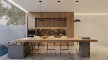 Animasyon ahşap mutfak ve yemek masası. 3B illüstrasyon oluşturma