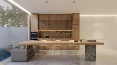 Animasyon ahşap mutfak ve yemek masası. 3B illüstrasyon oluşturma