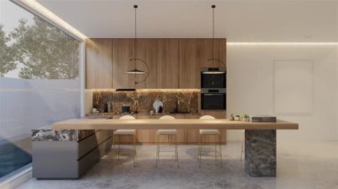 Animasyon ahşap mutfak ve yemek masası. 3B illüstrasyon oluşturma