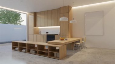 Animasyon ahşap mutfak ve yemek masası. 3B illüstrasyon oluşturma