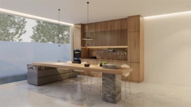 Animasyon ahşap mutfak ve yemek masası. 3B illüstrasyon oluşturma