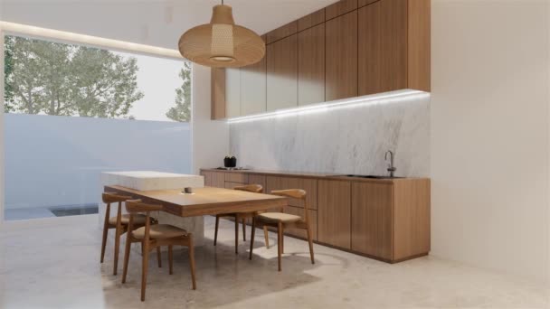 动画最小木制厨房和餐桌 3D插图渲染 — 图库视频影像