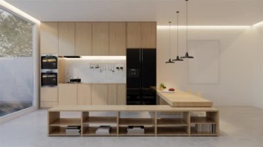 Animasyon ahşap mutfak ve yemek masası. 3B illüstrasyon oluşturma