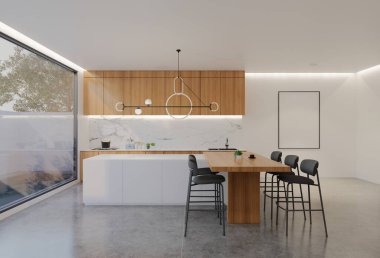 Minimum ahşap mutfak ve yemek masası. 3B illüstrasyon oluşturma