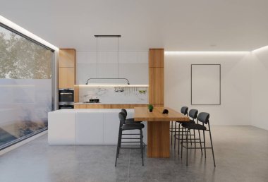 Minimum ahşap mutfak ve yemek masası. 3B illüstrasyon oluşturma