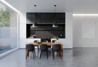 Yemek masası olan en az siyah beyaz mutfak. 3B illüstrasyon oluşturma