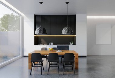 Yemek masası olan en az siyah beyaz mutfak. 3B illüstrasyon oluşturma