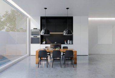 Yemek masası olan en az siyah beyaz mutfak. 3B illüstrasyon oluşturma