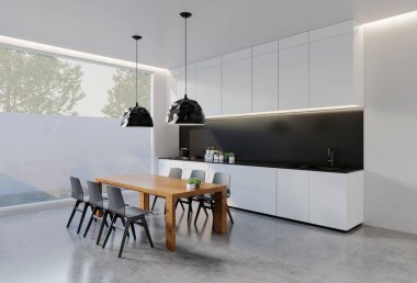 Yemek masası olan en az siyah beyaz mutfak. 3B illüstrasyon oluşturma