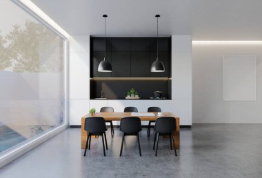 Yemek masası olan en az siyah beyaz mutfak. 3B illüstrasyon oluşturma