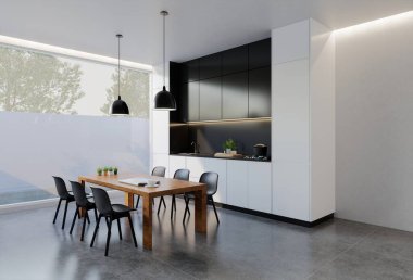 Yemek masası olan en az siyah beyaz mutfak. 3B illüstrasyon oluşturma