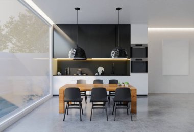 Yemek masası olan en az siyah beyaz mutfak. 3B illüstrasyon oluşturma