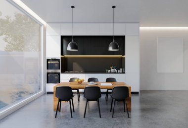 Yemek masası olan en az siyah beyaz mutfak. 3B illüstrasyon oluşturma