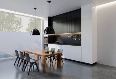 Yemek masası olan en az siyah beyaz mutfak. 3B illüstrasyon oluşturma