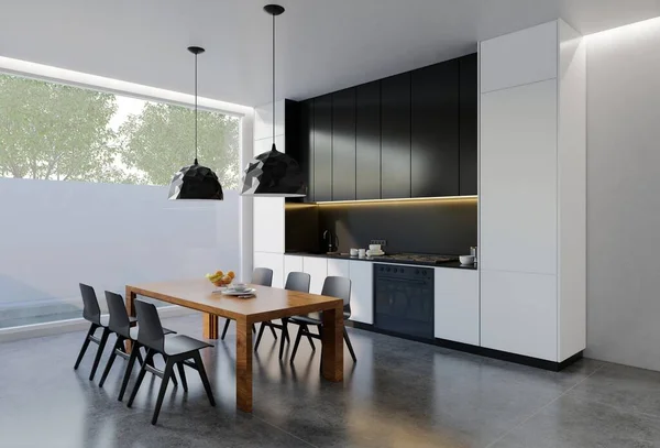 Minimal black and white kitchen with dining table. 3D illustration rendering