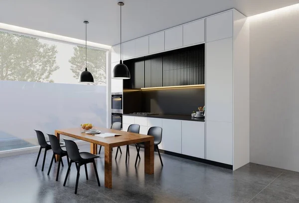 最小的黑白厨房与餐桌 3D插图渲染 — 图库照片
