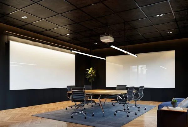 壁には近代的な会議室のインテリアとスクリーン 職場や企業の概念 3Dレンダリング図 — ストック写真