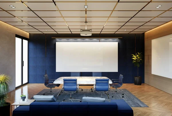 壁には近代的な会議室のインテリアとスクリーン 職場や企業の概念 3Dレンダリング図 — ストック写真