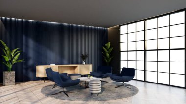 - Ocean Blue Renkli Otel Salonu. Bekleme odasının rengine uyan pencere ve sandalyeler..