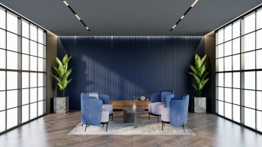 - Ocean Blue Renkli Otel Salonu. Bekleme odasının rengine uyan pencere ve sandalyeler..