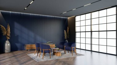 - Ocean Blue Renkli Otel Salonu. Bekleme odasının rengine uyan pencere ve sandalyeler..