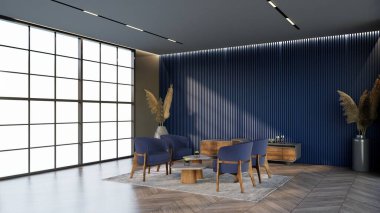 - Ocean Blue Renkli Otel Salonu. Bekleme odasının rengine uyan pencere ve sandalyeler..