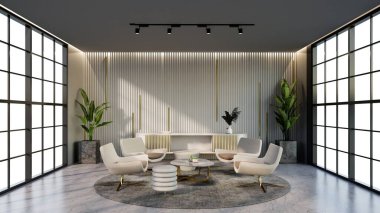 -Bekleme odasının rengine uyan pencere ve sandalyeli beyaz ve altın rengi otel salonu, 3D görüntüleme.