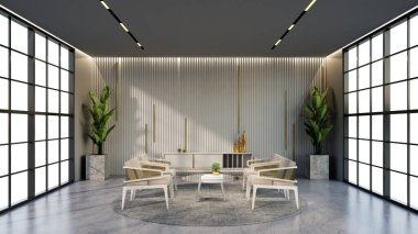 -Bekleme odasının rengine uyan pencere ve sandalyeli beyaz ve altın rengi otel salonu, 3D görüntüleme.
