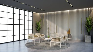 -Bekleme odasının rengine uyan pencere ve sandalyeli beyaz ve altın rengi otel salonu, 3D görüntüleme.