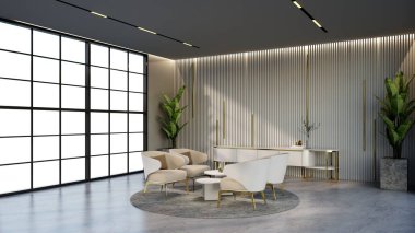 -Bekleme odasının rengine uyan pencere ve sandalyeli beyaz ve altın rengi otel salonu, 3D görüntüleme.