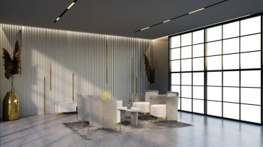 -Bekleme odasının rengine uyan pencere ve sandalyeli beyaz ve altın rengi otel salonu, 3D görüntüleme.