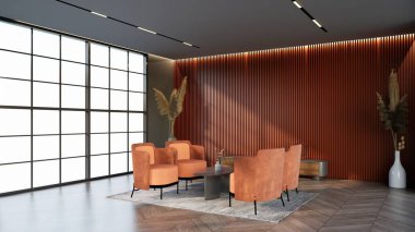 -Bekleme odasının rengine uyan pencere ve sandalyeli kayısı rengi otel salonu, 3D görüntüleme.