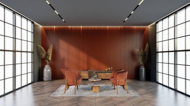 -Bekleme odasının rengine uyan pencere ve sandalyeli kayısı rengi otel salonu, 3D görüntüleme.