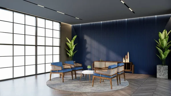 Ocean Blue Color Hotel Lounge Mit Fenstern Und Stühlen Passend — Stockfoto