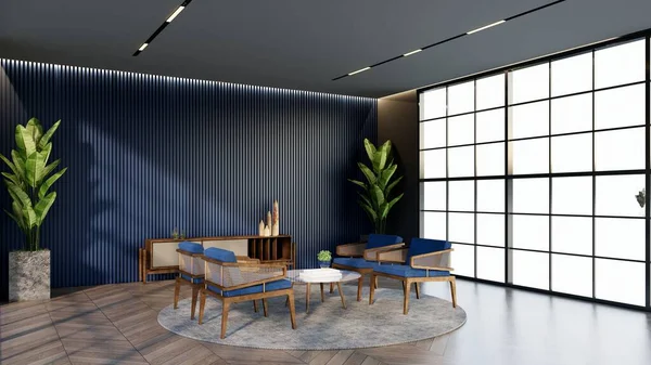 Ocean Blue Color Hotel Lounge Mit Fenstern Und Stühlen Passend — Stockfoto