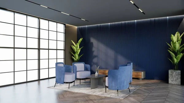 オーシャンブルーカラーホテルラウンジ 待合室の色に合わせた窓と椅子 3Dレンダリング — ストック写真