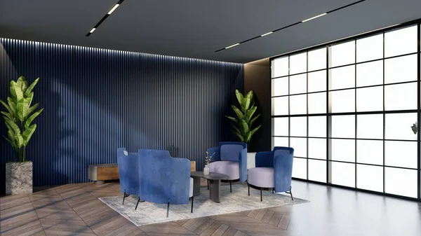 Salon Hôtel Couleur Bleu Océan Avec Fenêtres Chaises Correspondant Couleur — Photo