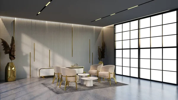 Weiß Goldene Hotellounge Mit Fenstern Und Stühlen Passend Zur Farbe — Stockfoto
