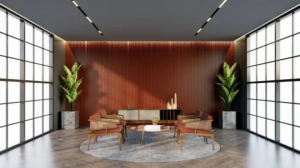 Apricot Color Hotel Lounge Mit Fenstern Und Stühlen Passend Zur — Stockfoto